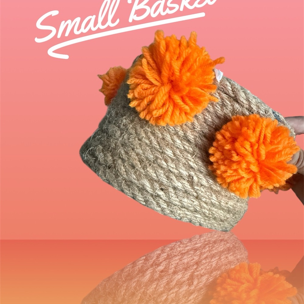 Orange Pom-Pom Woven Basket